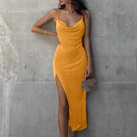 Summer Saving Wycnly Dresses for Women Sexy High Slit Spaghetti Strap Ruched Bodycon Night Party Club Dresses Sleeveless V-Neck Solid Summer Long Formal Dress Gold m