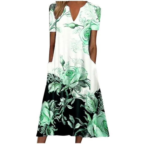 Summer Saving Wycnly Summer Dresses for Women Vintage Loose Swing Plus Size Tunic Dresses with Pocket 2024 Short Sleeve V-Neck Floral Print Long Formal Dress Green XXL