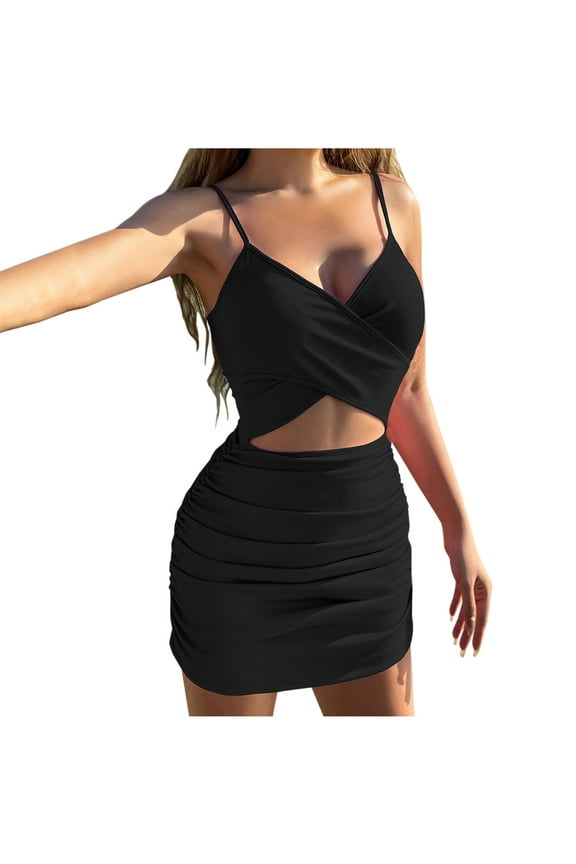 Summer Saving Wycnly Dresses for Women Night Club Sexy Cut-out Ruched Bodycon Cami Dresses V-Neck Sleeveless Solid Summer Mini Formal Dress Black m