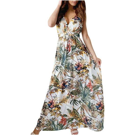 Summer Saving Wycnly Formal Dresses for Women Beach Boho High Waist Flowy Swing Long Sundress with Tie V-Neck Sleeveless Leaves Print 2024 Summer Maxi Dress White l