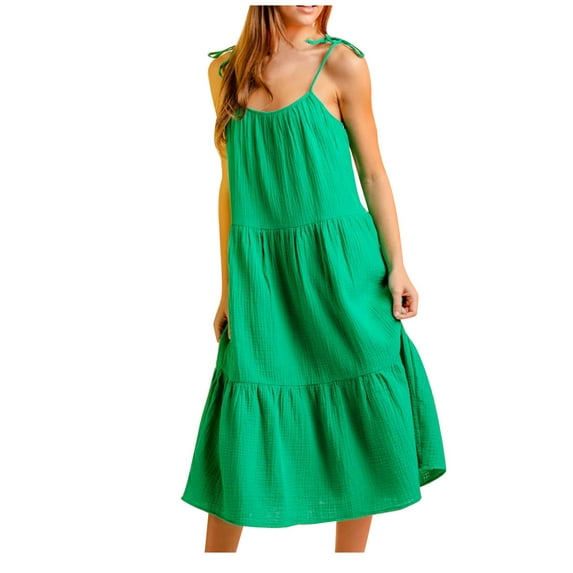 Summer Saving Wycnly Formal Dresses for Women Beach Casual Loose Flowy Ruffle Swing Spaghetti Strap Sundress Round Neck Sleeveless Solid 2024 Summer Long Dress Green l