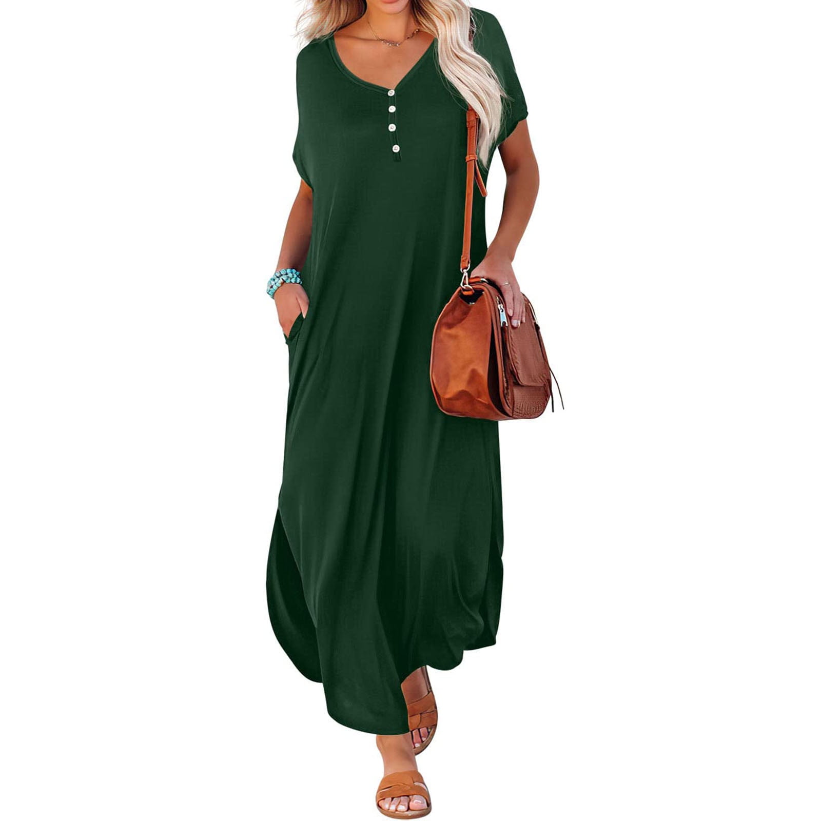 Summer Saving Wycnly Formal Dresses for Women Button Down Loose Pocket Side Slit Swing Beach Maxi Dress V Neck Short Sleeve Solid Summer Long Dresses