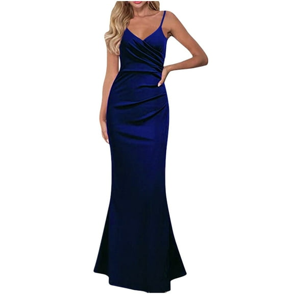 Summer Saving Wycnly Formal Dresses for Women Cocktail Party Prom Elegant Slim Spaghetti Strap Long Fishtail Dresses V-Neck Sleeveless Solid 2024 Summer Maxi Dress Dark Blue l