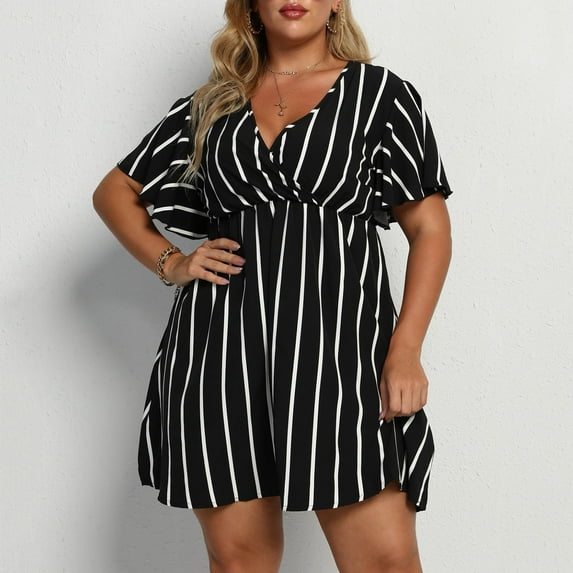 Summer Saving Wycnly Formal Dresses for Women Elastic Waist Hem Swing Plus Size Wrap Short Dress V-Neck Short Sleeve Striped Print Summer Mini Dresses Black XXXXL Clearance Clothes