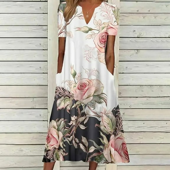 Summer Saving Wycnly Formal Dresses for Women Elbow-Length V-Neck Floral Print Summer Long Dresses with Pocket Beach Loose Hem Tunic Dress Pink S Up to 65% off