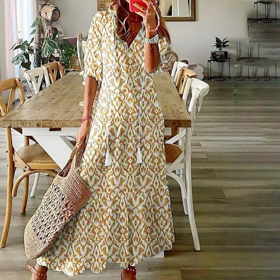 Wycnly Summer Dresses for Women Cocktail Dresses for Women Beach Boho Loose Ruffle Hem Long Dress with Tassel Womens Formal Geometric Print V-Neck Short Sleeve Maxi Dresses