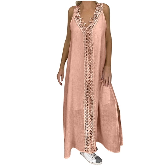 Summer Saving Wycnly Formal Dresses for Women Elegant Lace Patchwork Plus Size Cotton Linen Swing Tank Maxi Dresses V-Neck Sleeveless Solid 2024 Summer Long Dress Pink XXXXL