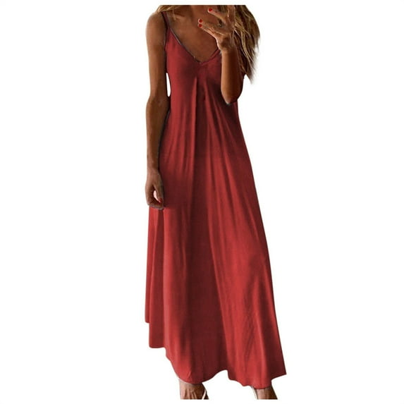Summer Saving Wycnly Formal Dresses for Women Fashion High Waist Plus Size Swing Spaghetti Strap Long Dresses V-Neck Sleeveless Gradient 2024 Summer Maxi Dress Red s