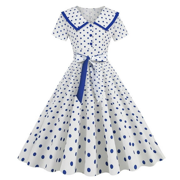 Summer Saving Wycnly Formal Dresses for Women Graduation Party Vintage Pleated Swing A Line 1950S Dresses with Bow Short Sleeve Lapel Dot Print 2024 Summer Midi Dress Blue XXL