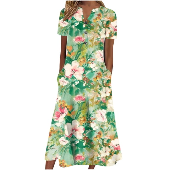 Summer Saving Wycnly Formal Dresses for Women with Pocket Button Down Hem Swing Tshirt Tunic Long Dress V-Neck Short Sleeve Floral Summer Maxi Dresses Mint Green XXL Clearance Clothes