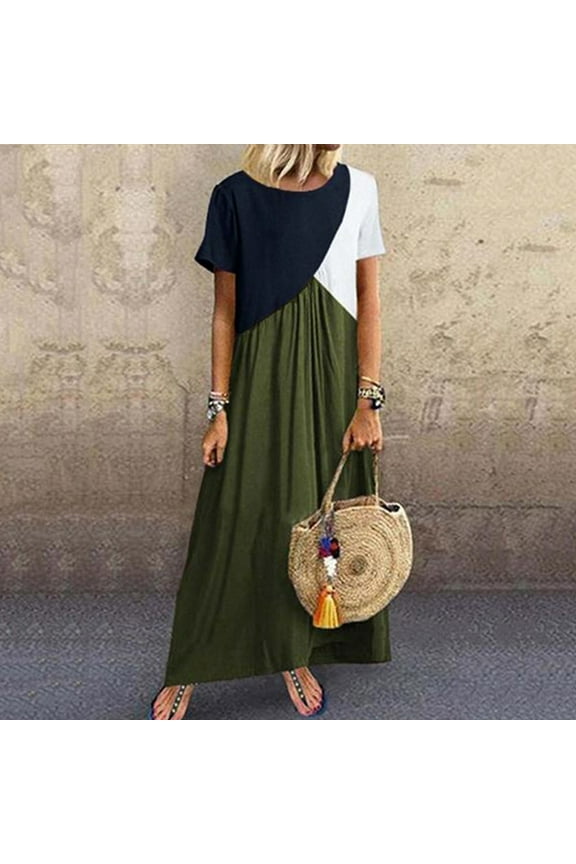 Summer Saving Wycnly Formal Dresses for Women Short Sleeve Round Neck Color Patchwork Summer Maxi Dresses High Waist Pleated Swing Tunic Long Dress Green XXXXL Up to 65% off