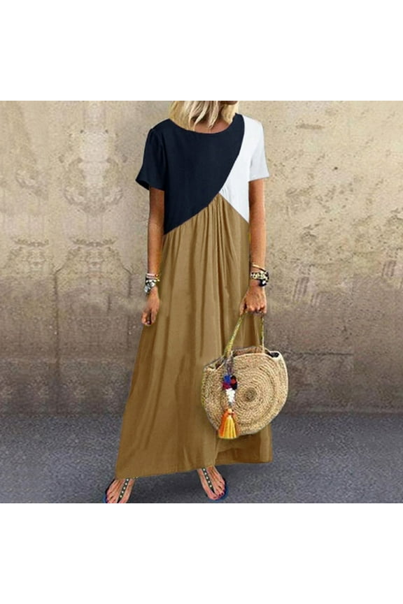 Summer Saving Wycnly Formal Dresses for Women Short Sleeve Round Neck Color Patchwork Summer Maxi Dresses High Waist Pleated Swing Tunic Long Dress Khaki XXXXXL Up to 65% off