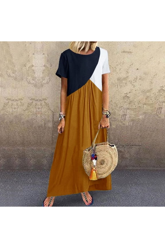 Summer Saving Wycnly Formal Dresses for Women Short Sleeve Round Neck Color Patchwork Summer Maxi Dresses High Waist Pleated Swing Tunic Long Dress Yellow L Up to 65% off