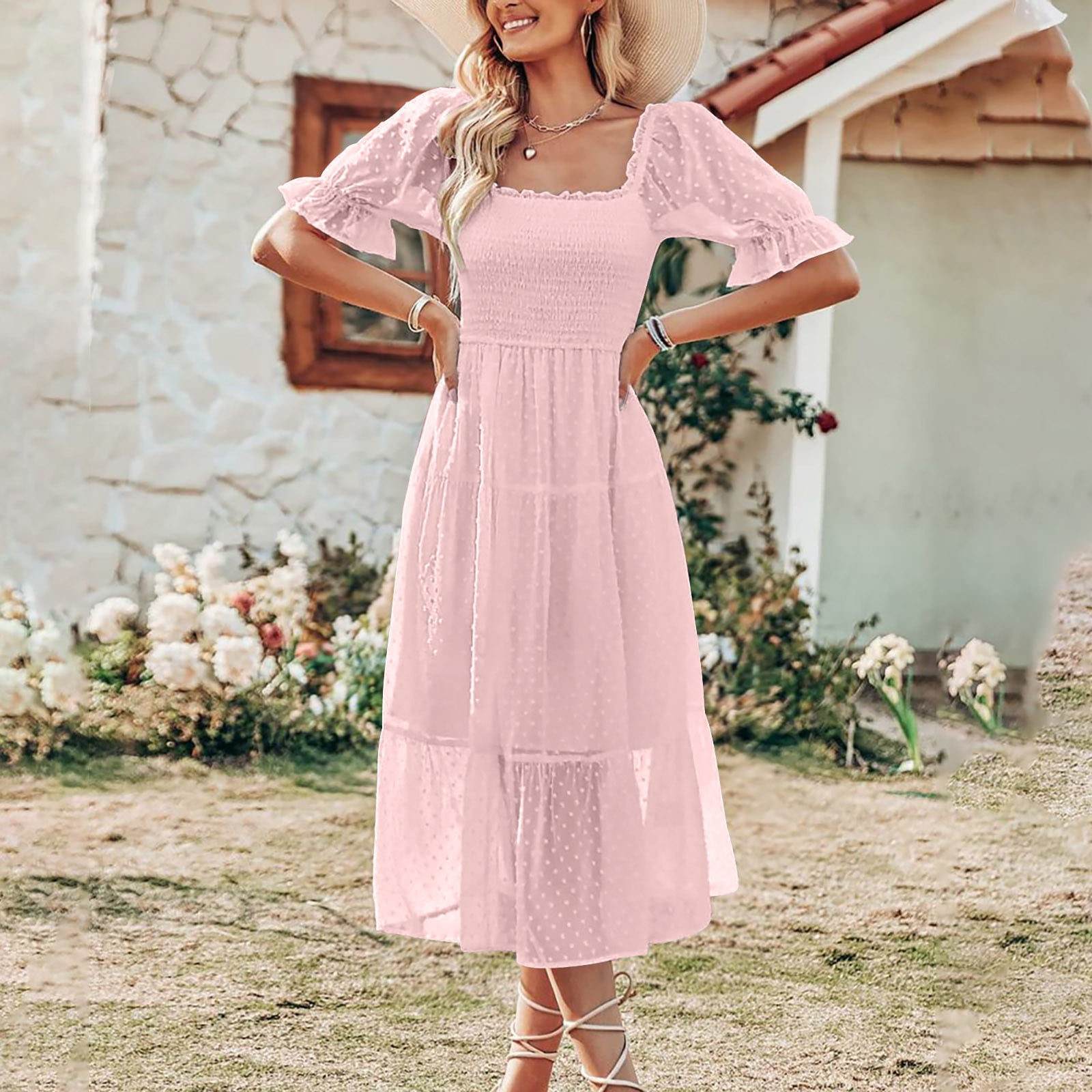 Summer Saving Wycnly Formal Dresses for Women Short Sleeve Square Neck  Solid Summer Long Dresses Beach Casual Lantern Sleeve Elastic Waist Chiffon Dress  Pink m Under $5 - Walmart.com