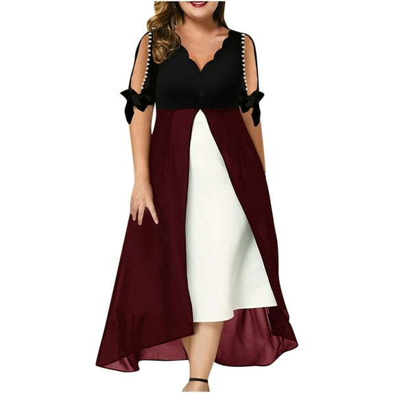 Summer Saving Wycnly Formal Dresses for Women Short Sleeve V-Neck Color Patchwork Summer Long Dresses Cold Shoulder Party Prom A Line Plus Size Dress Wine S