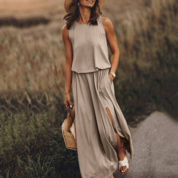 Summer Saving Wycnly Formal Dresses for Women Sleeveless Round Neck Solid Summer Maxi Dresses Elastic Waist Pleated Swing Pocket Slit Tank Long Dress Khaki l Under $5