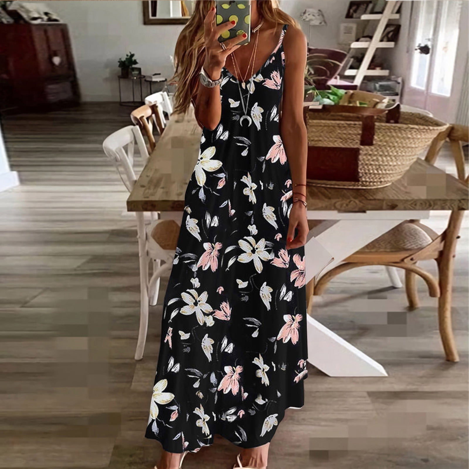 Women's Chiffon Floral Summer Dress - V-Neck, Elastic Waist, Black Dandelion Print, Large, Beach & Party Midi Dress - View #7