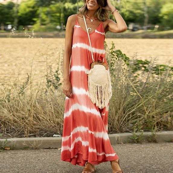 Summer Saving Wycnly Formal Dresses for Women Sleeveless V-Neck Striped Print Summer Long Dresses Beach Vacation Spaghetti Strap Plus Size Long Dress Orange XL Up to 65% off