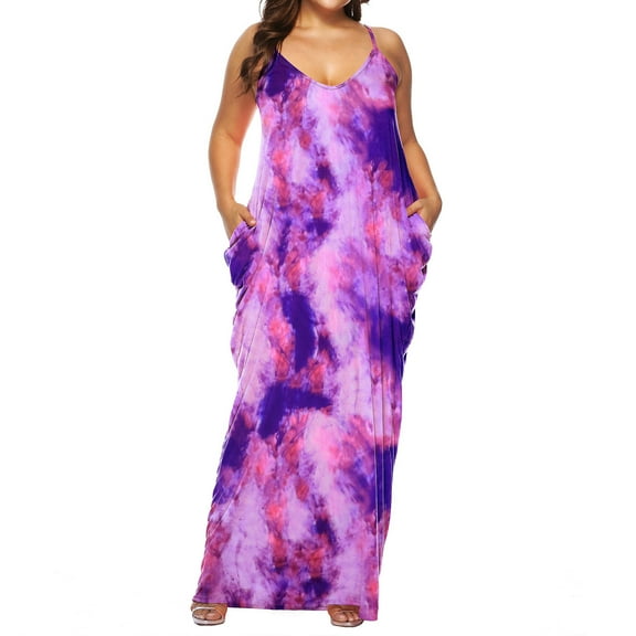 Wycnly Formal Dresses for Women Sleeveless V-Neck Tie-Dye Summer Maxi Dresses Beach Plus Size Pocket Boho Spaghetti Strap Dress Purple xxl Under $5