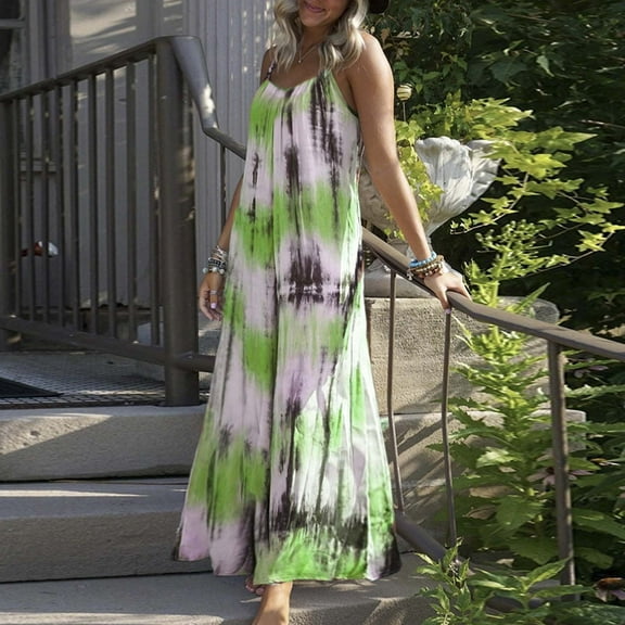 Summer Saving Wycnly Formal Dresses for Women Sleeveless V-Neck Tie-Dye Summer Maxi Dresses Beach Vacation Spaghetti Strap Plus Size Long Dress Green XXXXXL Up to 65% off