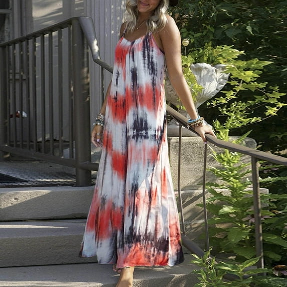 Summer Saving Wycnly Formal Dresses for Women Sleeveless V-Neck Tie-Dye Summer Maxi Dresses Beach Vacation Spaghetti Strap Plus Size Long Dress Red XL Up to 65% off