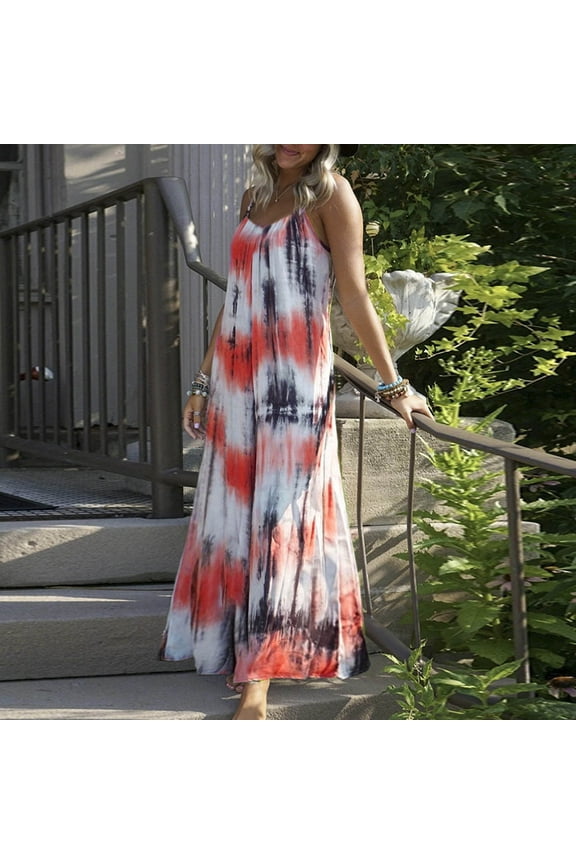 Summer Saving Wycnly Formal Dresses for Women Sleeveless V-Neck Tie-Dye Summer Maxi Dresses Beach Vacation Spaghetti Strap Plus Size Long Dress Red XXXL Up to 65% off