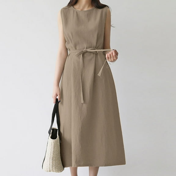 Summer Saving Wycnly Formal Dresses for Women with Tie Loose Swing Soft Cottin Linen Tank Dress Round Neck Sleeveless Solid Summer Long Dresses Beige XL Clothes
