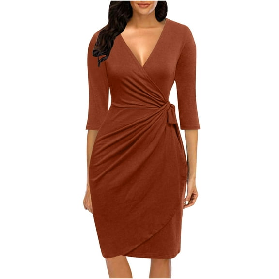 Summer Saving Wycnly Formal Dresses for Women Tie Waist Evening Party Prom Wrap Formal Dress V-Neck 3/4 Sleeve Polka Dot 2024 Summer Midi Dresses Wine l Under $5