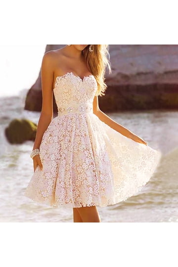 Short White Lace Strapless Formal Dress