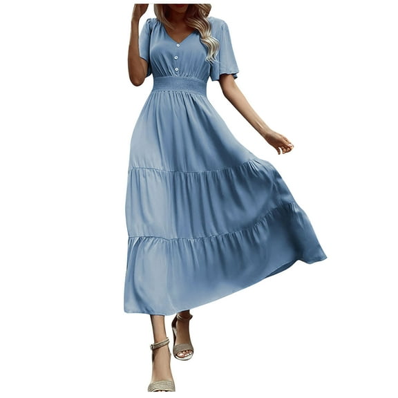 Summer Saving Wycnly Formal Dresses for Women Short Sleeve V-Neck Solid Summer Maxi Dresses Empire Waist Button Down Flowy Swing Boho Dress Blue M
