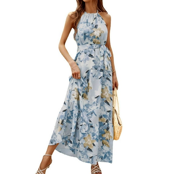 Summer Saving Wycnly Formal Dresses for Women Sleeveless Halter Floral Print Summer Maxi Dresses Tie Waist Flowy Swing Bohemian Dress Blue XL