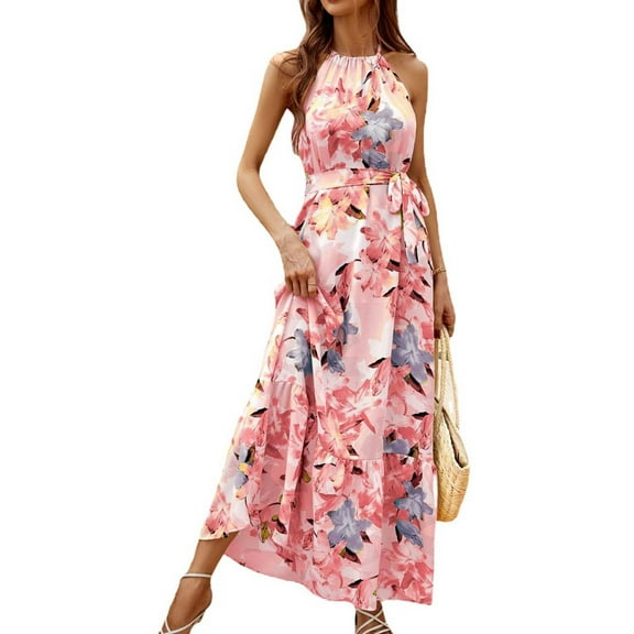 Summer Saving Wycnly Formal Dresses for Women Sleeveless Halter Floral Print Summer Maxi Dresses Tie Waist Flowy Swing Bohemian Dress Red S