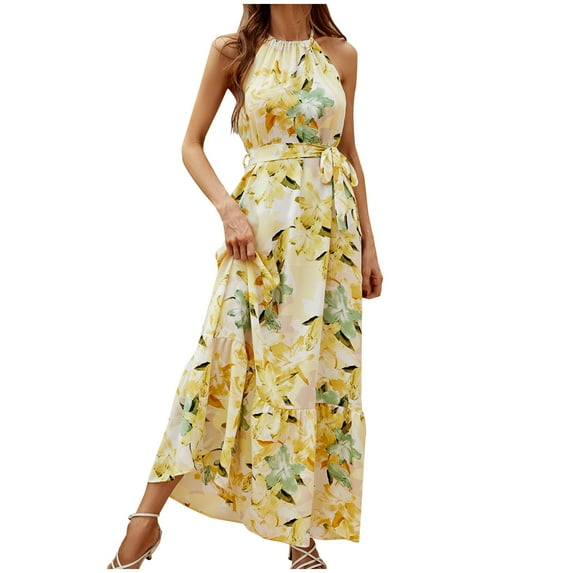 Summer Saving Wycnly Formal Dresses for Women Sleeveless Halter Floral Print Summer Maxi Dresses Tie Waist Flowy Swing Bohemian Dress Yellow M