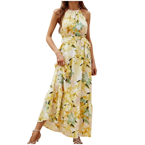 Summer Saving Wycnly Formal Dresses for Women Sleeveless Halter Floral Print Summer Maxi Dresses Tie Waist Flowy Swing Bohemian Dress Yellow S