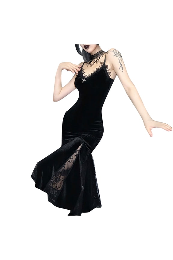 Summer Saving Wycnly Gothic Clothes for Women Womens Gothic Dresses Lace Long Sleeveless Dress Black Party Club Lace Draped Bodycon Goth Vintage Dresses Clothes