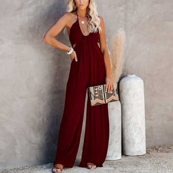 Summer Saving Wycnly Jumpsuits for Women Dressy Beach Solid Sexy Cut out Pleated Strap Halter Long Jumpsuits Overalls Summer V-Neck Sleeveless Plain Maxi Formal Rompers Wine l