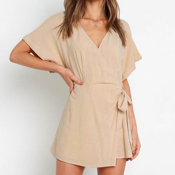 Summer Saving Wycnly Jumpsuits for Women Dressy Casual Solid Tie Waist Tshirt Short Jumpsuist Overalls Summer V-Neck Short Sleeve Plain Mini Trendy Rompers Beige l