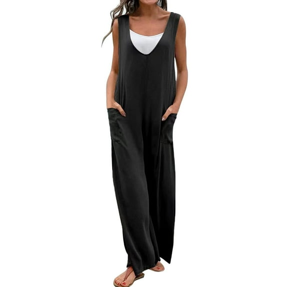 Summer Saving Wycnly Jumpsuits for Women Dressy Loose Breathable Wide Leg Tank Long Jumpsuits with Pocket Summer Sleeveless V-Neck Plain Long Formal Rompers Black xxxl