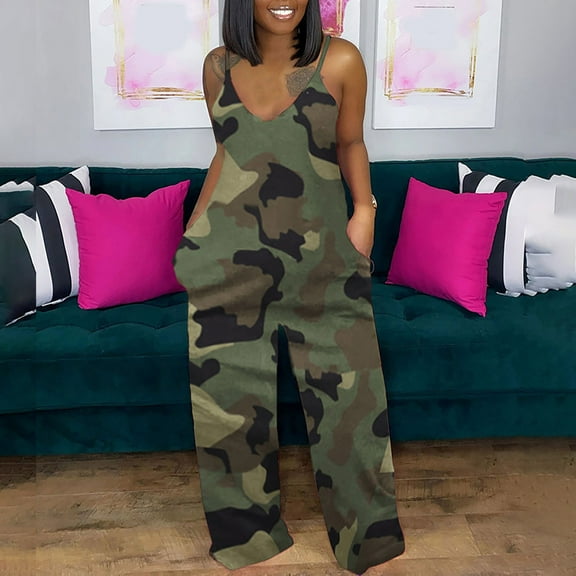 Summer Saving Wycnly Jumpsuits for Women Dressy Plus Size Fashion Baggy Spaghetti Strap Long Jumpsuits Overalls with Pocket Summer V-Neck Sleeveless Camouflage Maxi Trendy Rompers Green l