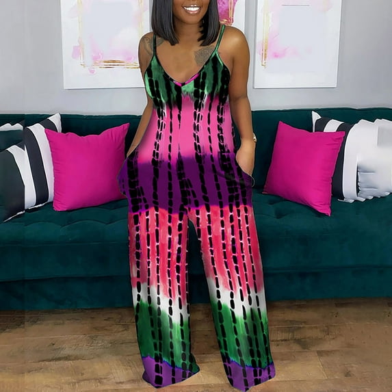 Summer Saving Wycnly Jumpsuits for Women Dressy Plus Size Fashion Baggy Spaghetti Strap Long Jumpsuits Overalls with Pocket Summer V-Neck Sleeveless Camouflage Maxi Trendy Rompers Hot Pink xl