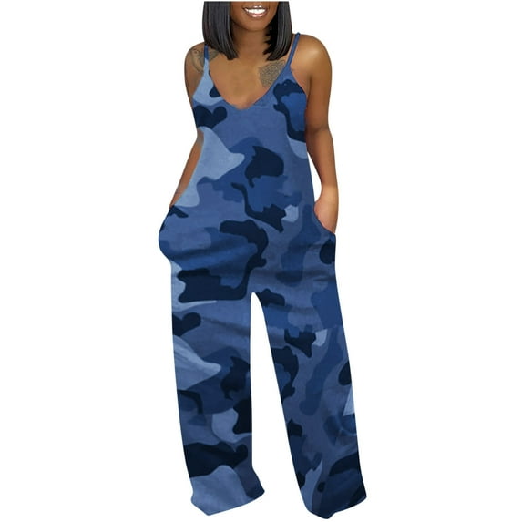 Summer Saving Wycnly Jumpsuits for Women Dressy Plus Size Fashion Baggy Spaghetti Strap Long Jumpsuits Overalls with Pocket Summer V-Neck Sleeveless Camouflage Maxi Trendy Rompers Dark Blue s