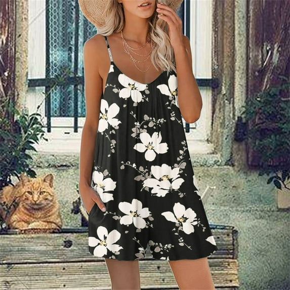 Summer Saving Wycnly Jumpsuits for Women Dressy Vacation Baggy Short Overalls Casual Pocket Strap Jumpsuits Summer V-Neck Sleeveless Floral Print Mini Trendy Rompers Black l