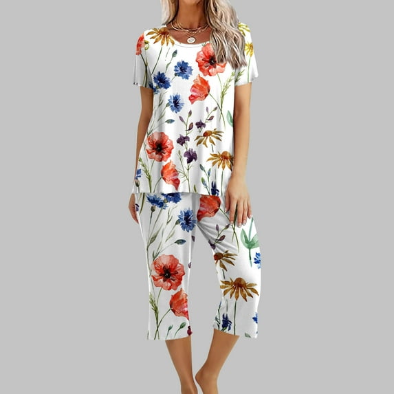 Summer Saving Wycnly Lounge Sets for Women Fashion Floral Print 2 Piece Outfits Homewear Crewneck Short Sleeve Top and Capris Sleepwear Pajamas Sets Clearance under $5