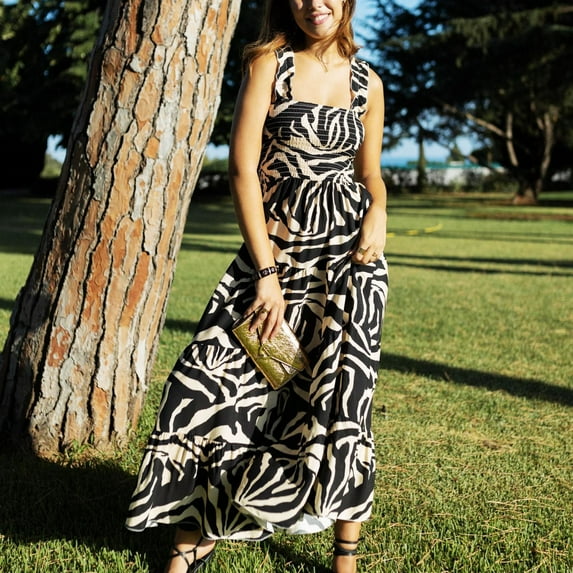 Summer Saving Wycnly Maxi Dresses for Women Sleeveless Square Neck Geometric Print Summer Long Dress Elastic Waist Ruffle Swing Vintage Boho Strap Dresses Black S