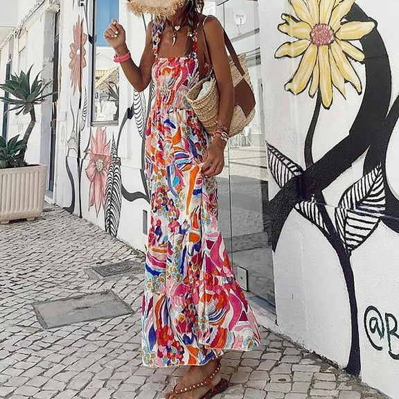Summer Saving Wycnly Maxi Dresses for Women Sleeveless Square Neck Geometric Print Summer Long Dress Elastic Waist Ruffle Swing Vintage Boho Strap Dresses Pink L
