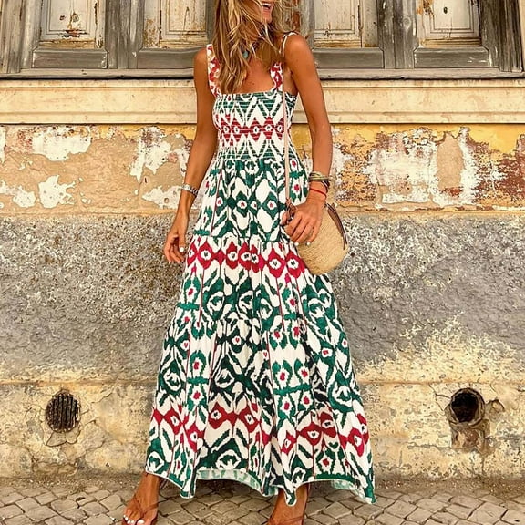 Summer Saving Wycnly Maxi Dresses for Women Sleeveless Square Neck Geometric Print Summer Long Dress Elastic Waist Ruffle Swing Vintage Boho Strap Dresses Green S