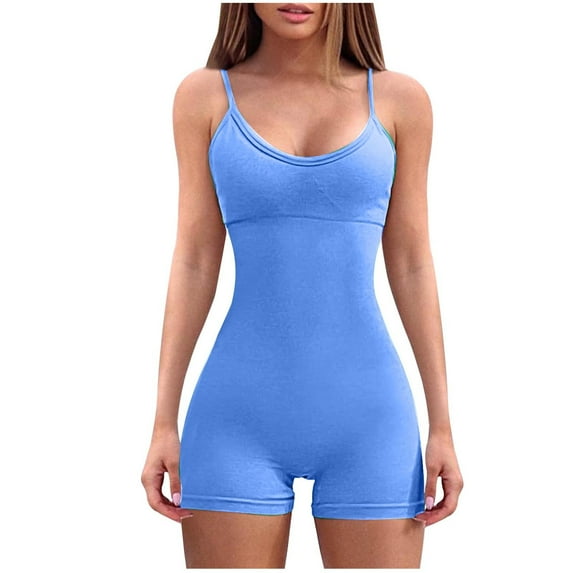 Summer Saving Wycnly Rompers for Women Sexy Slim Fit Spaghetti Strap One Piece Sports Workout Short Jumpsuits V-Neck Sleeveless Formal Solid Mini Womens Jumpsuits on