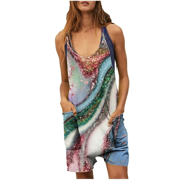 Wycnly Womens Jumpsuits Summer Beach Fashion Pocket Loose Adjustable Strap Mini Jumpsuits Trendy Marbled Print V-Neck Sleeveless Short Rompers for Women