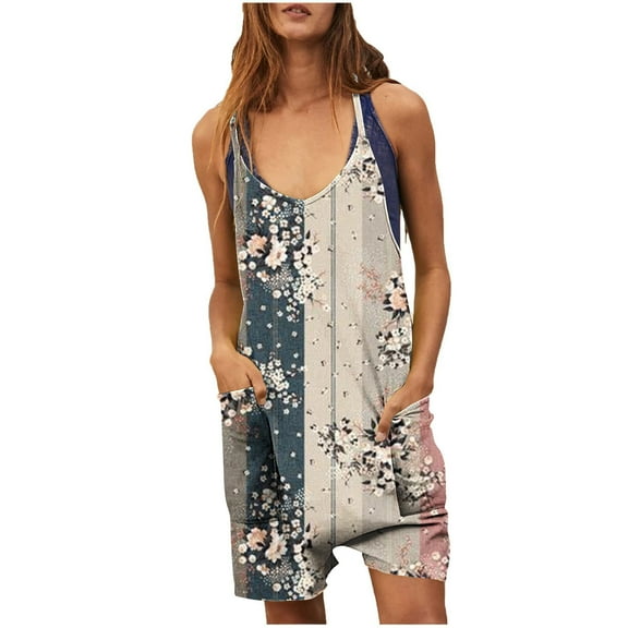 Wycnly Womens Jumpsuits Summer Plus Size Casual Pocket Loose Strap Short Jumpsuits Overalls Trendy Floral Print V-Neck Sleeveless Mini Rompers for Women