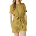 thumbnail image 1 of Summer Saving Wycnly Rompers for Women Vintage Cotton Linen Loose Pocket Belt Short Jumpsuits Casual Summer Crewneck Short Sleeve Formal Solid Mini Womens Jumpsuits on, 1 of 6
